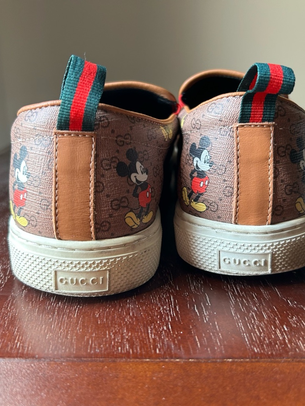 Gucci mens Brown Mickey Mouse Slip-On Sneakers with Red Accents - Picture 4 of 6